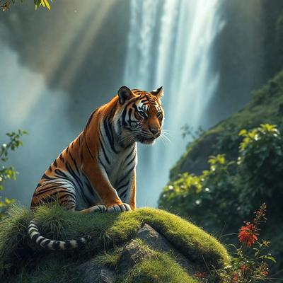Primary subject: A tiger sitting on a grassy hillside.

Setting/background: The tiger is sitting on a grassy hillside with a waterfall in the background.

Visual style: The image is a digital art illustration.

Colors and mood: The image has a vibrant and lively atmosphere, with the tiger's orange and black fur contrasting against the green grass and the blue-green waterfall.